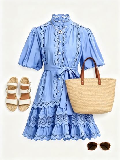 Women’s Blue Lace Trim Mini Dress – Romantic European Summer Resort Style