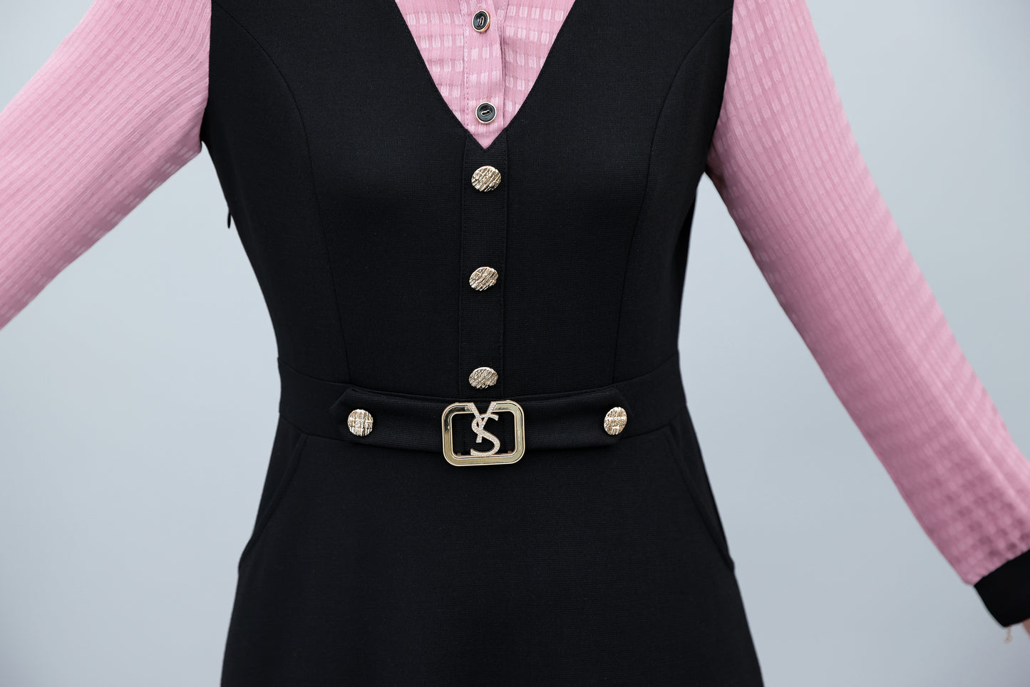 Women's Lapel V-Neck Pocket Long Sleeve Black Dress