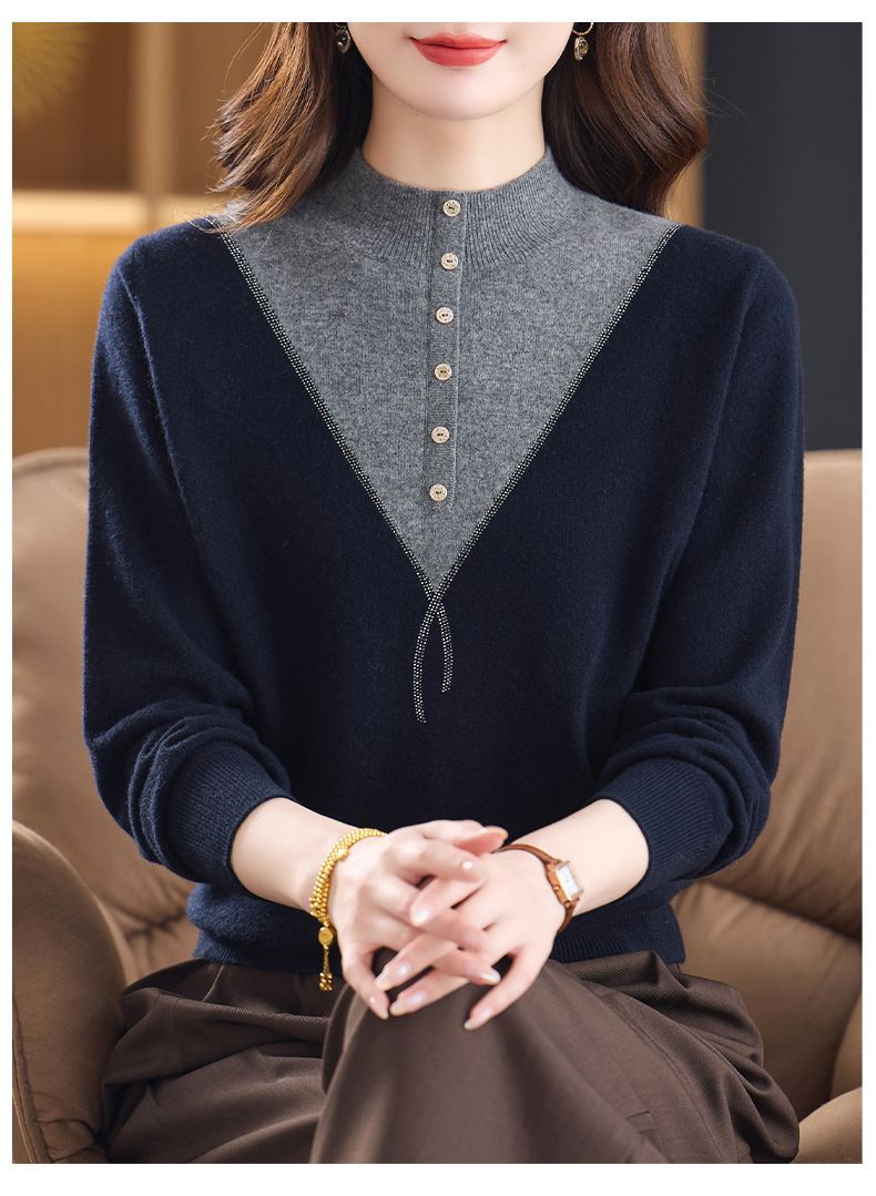 Women's Mock Neck Ribbed Sweaters Knit Patchwork Tops