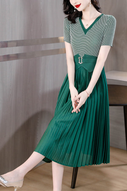 Green Pleats Please Elastic Patchwork Dress with Belt