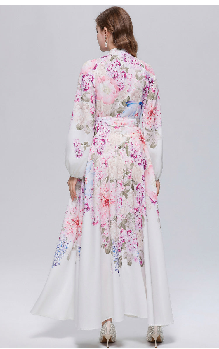 Women's Lantern Sleeve Floral Print Button Maxi Dress With Belts