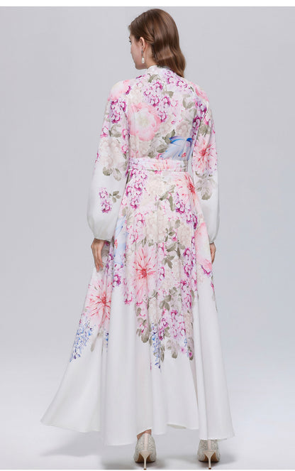 Women's Lantern Sleeve Floral Print Button Maxi Dress With Belts