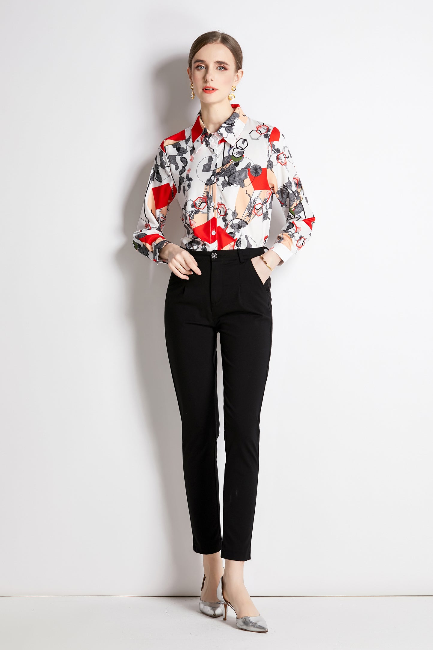 ESY-Women's Shirt Floral Print Long Sleeve Button Blouse
