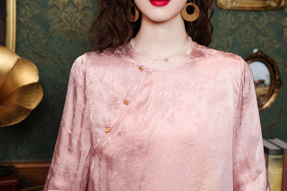 Women's Round Neck Jacquard Embroidery Blouses - LAI MENG FIVE CATS