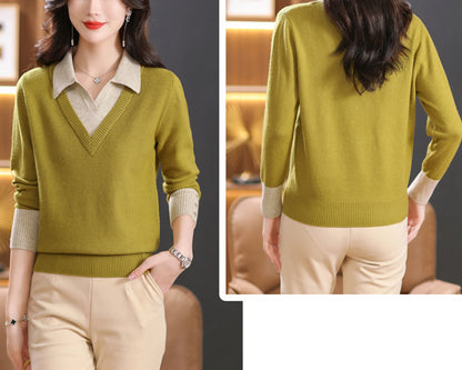Women's Polo Contrast Collar Sweater Pullover Top