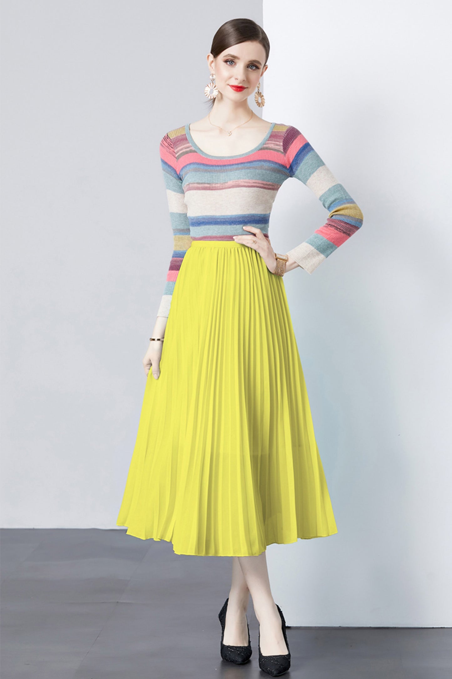 Elegant Women's Retro Two-Piece Pleated Midi Skirt Dress Set