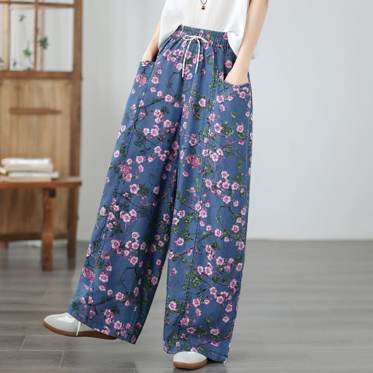 Women's Wide Leg Jeans Lightweight Wasited Elastic Print Y2K Pants - LAI MENG FIVE CATS