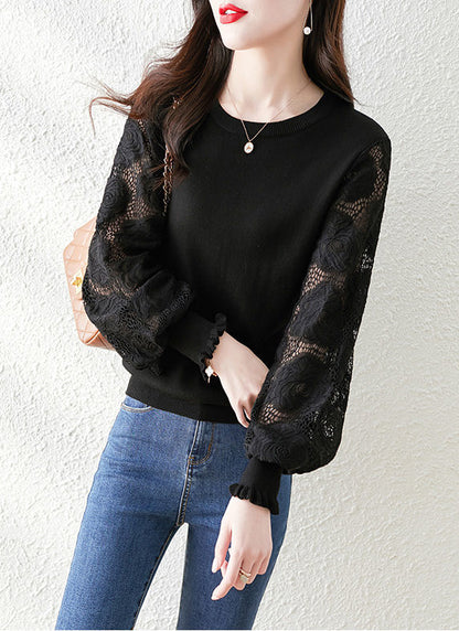Women's Sweater Puff Sleeve Lace Knit Pullover Tops
