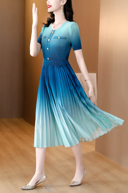 Blue Pleats Please Elastic Patchwork Dress