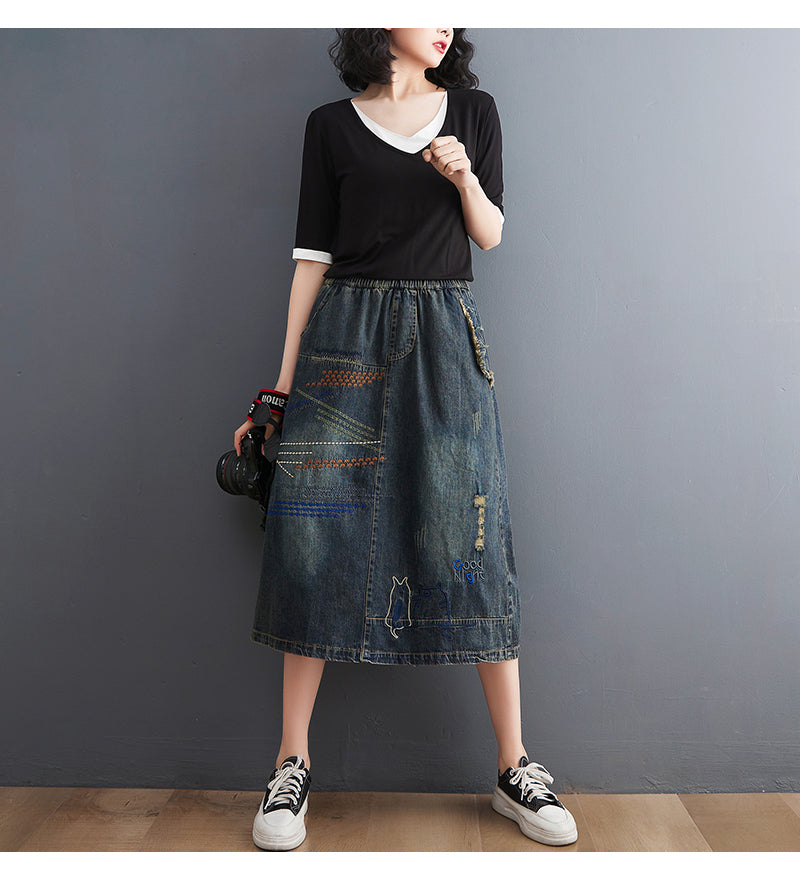 Women's Denim Drawstring Waist Pockets Jean Skirt