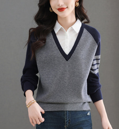 Women's V-Neck Pullover Top Striped Contrast Blouse