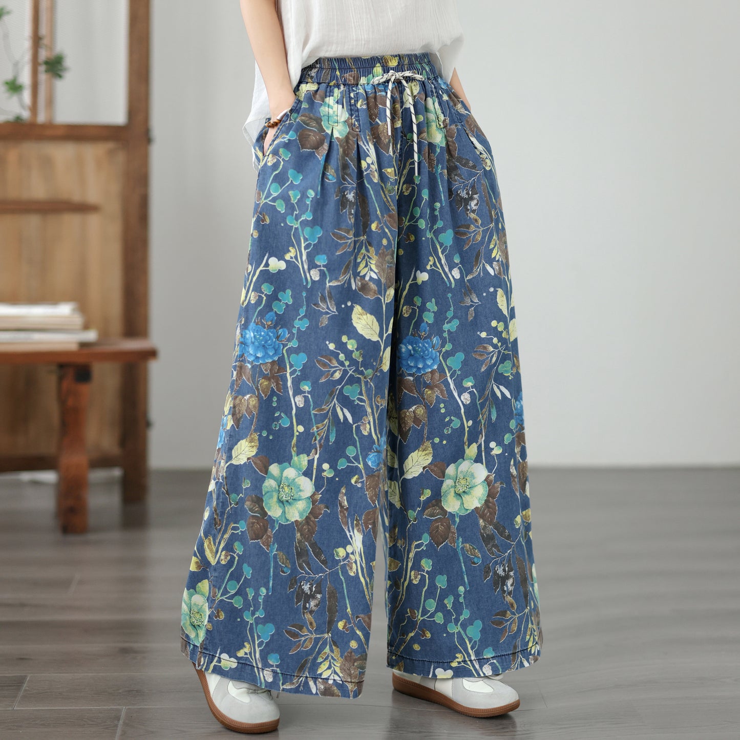 Women's Wide Leg Jeans Baggy Floral Wasited Elastic Pants - LAI MENG FIVE CATS