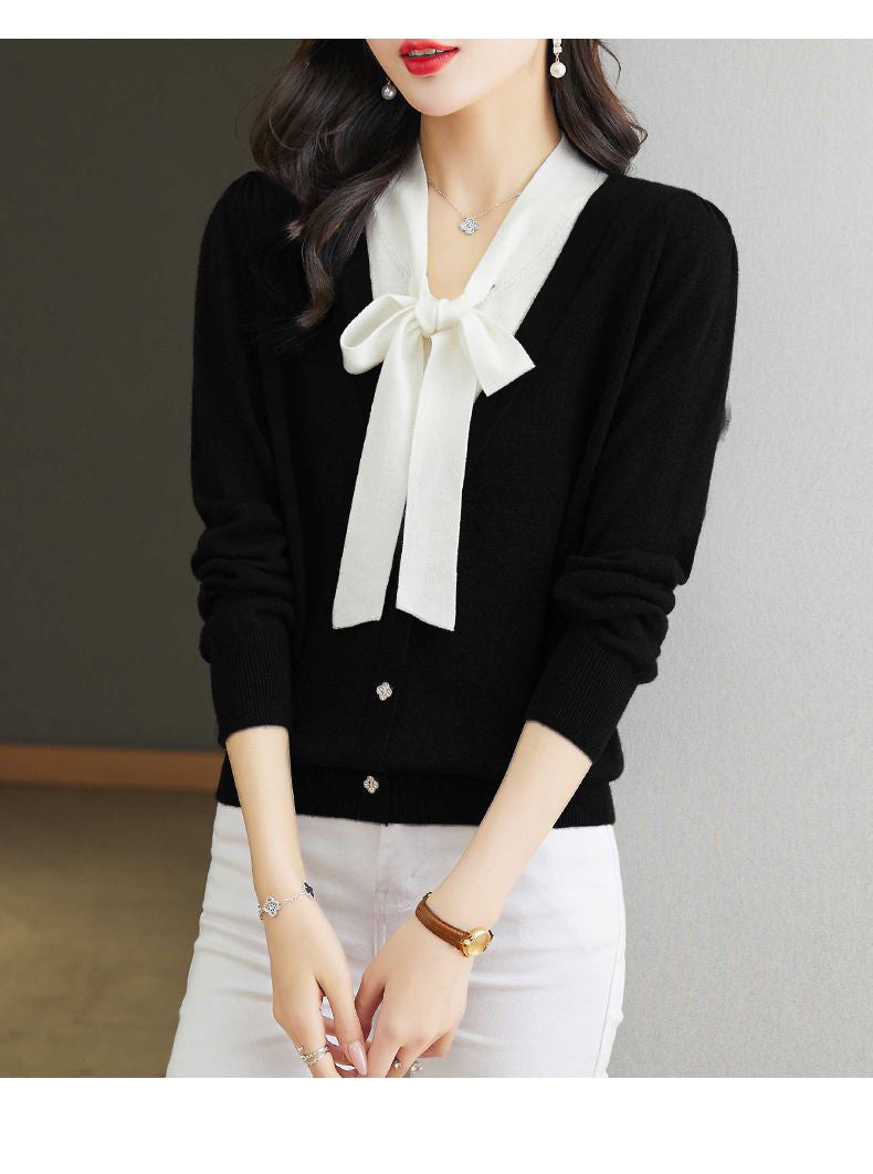 Women's Color Block Tie Neck Knit Top Sweater