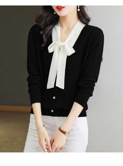 Women's Color Block Tie Neck Knit Top Sweater