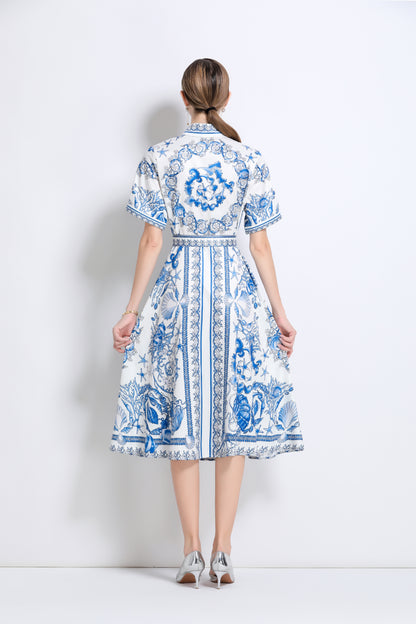 Women's Short Sleeve Button Floral Print  Midi Dress