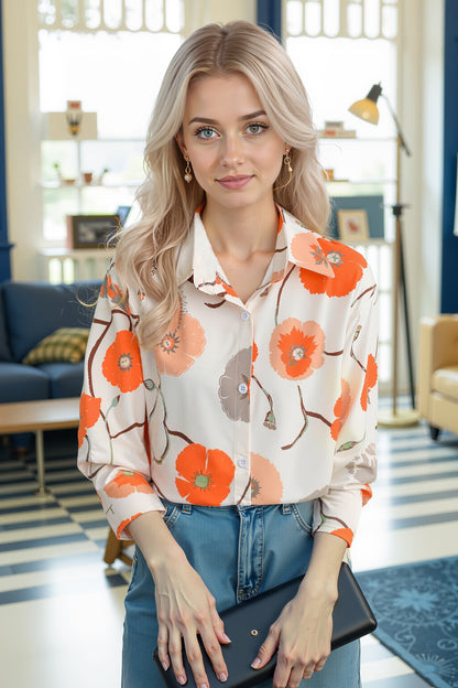 BK-Elegant Collared Floral Print Button Blouse Tops