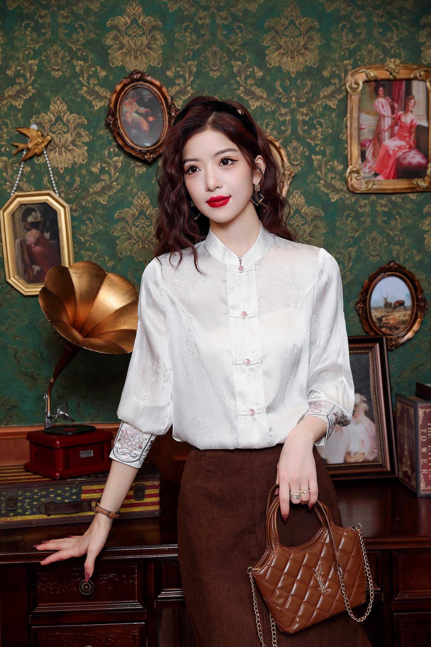 Women's Silk Satin Jacquard Long Sleeve Blouses