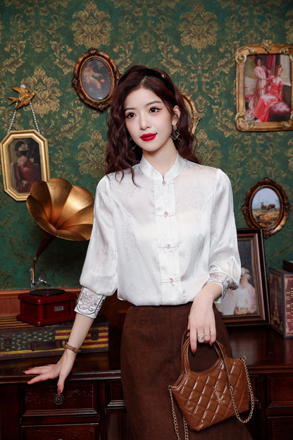 Women's Silk Satin Jacquard Long Sleeve Blouses