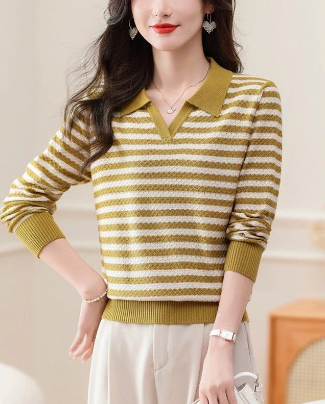Women's Striped Sweater Lapel Ribbed Pullover Knit