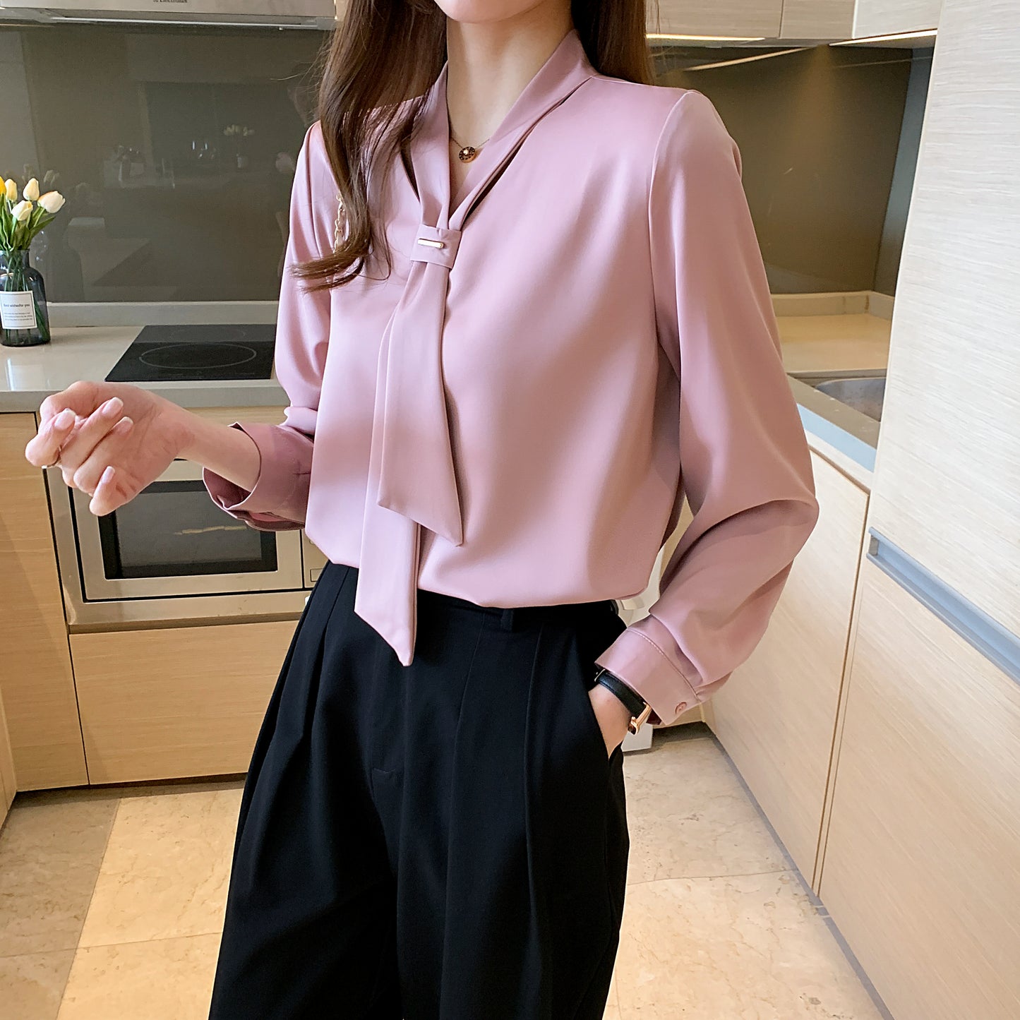 Women's Silk Satin Shirt Tie Neck Long Sleeve Blouse - LAI MENG FIVE CATS