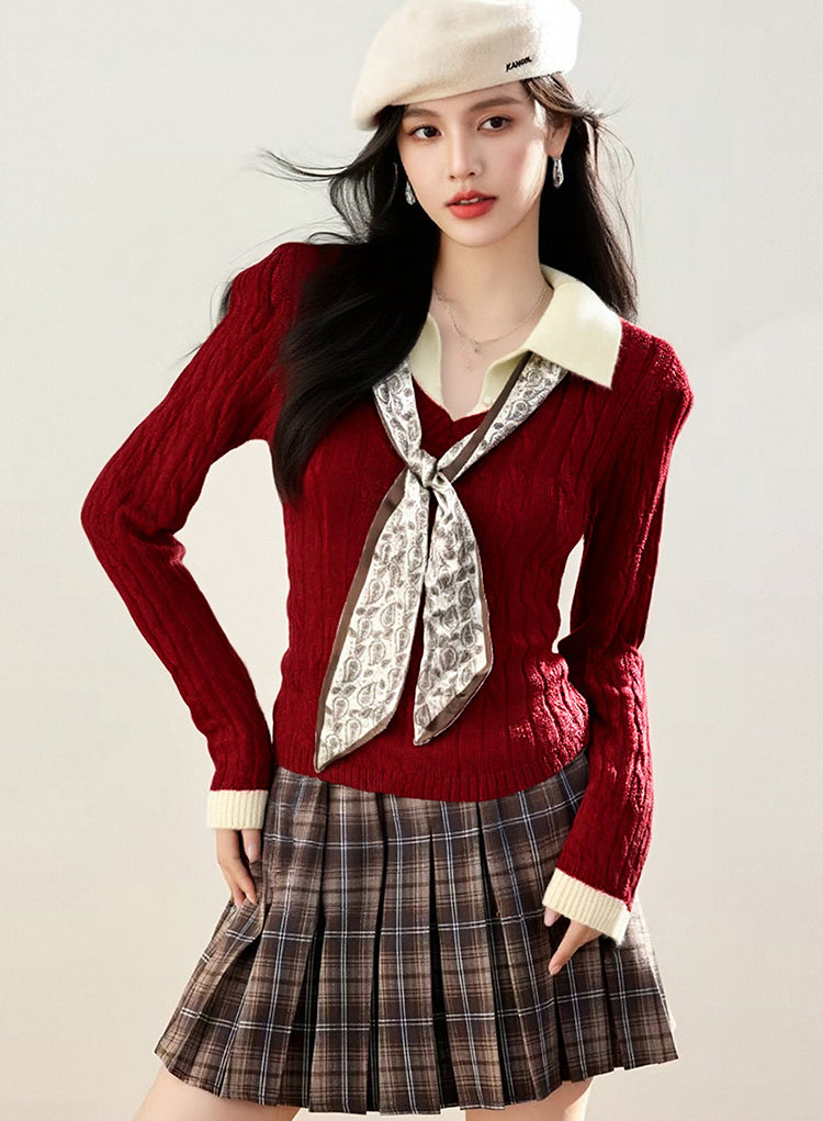 Preppy Color-Block Cable Knit Top with Contrast Collar & Tie Neck