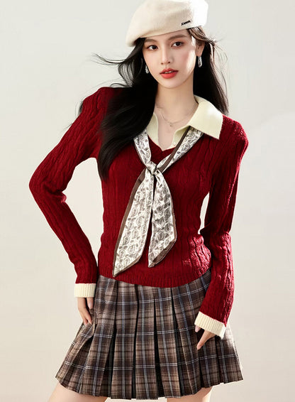 Preppy Color-Block Cable Knit Top with Contrast Collar & Tie Neck
