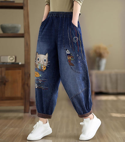 Casual Jeans Denim Loose Pants Elastic Waist with Pocket