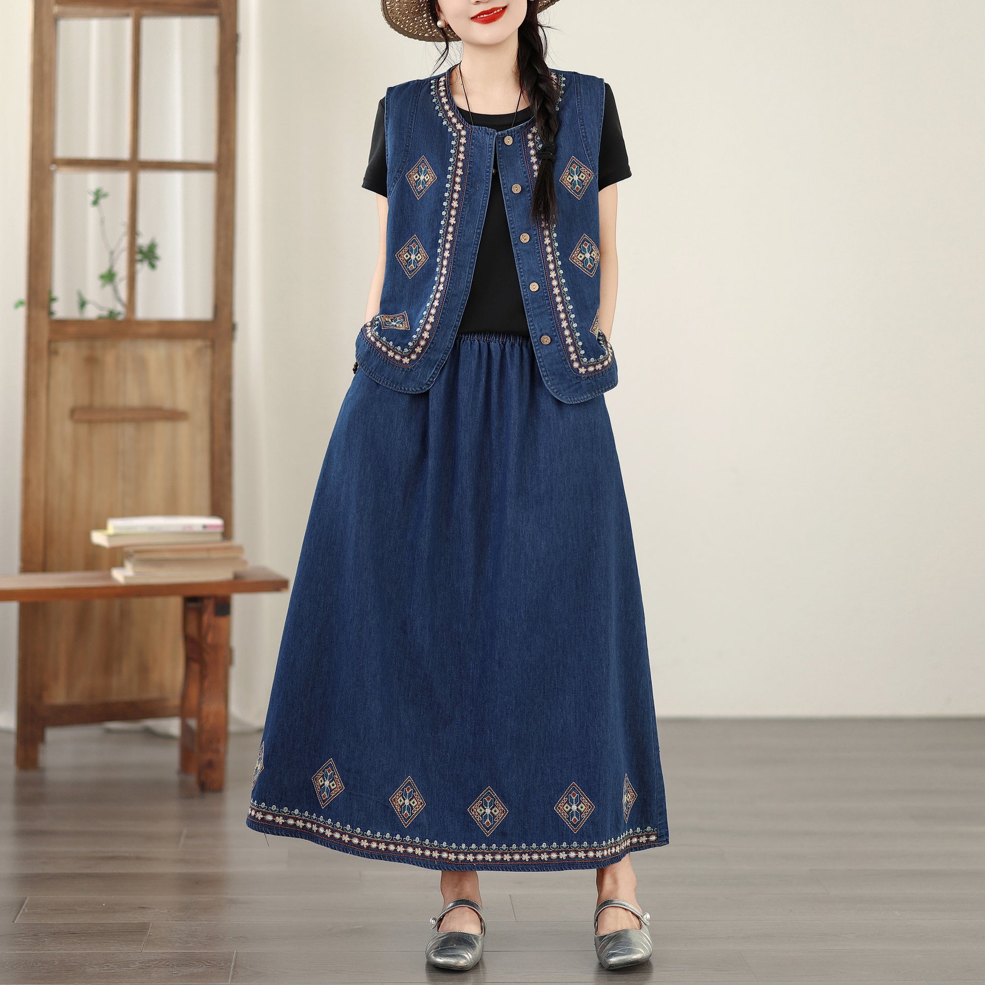 Women's Embroidered Elastic Waist Denim Jean Maxi Skirt Pocket - LAI MENG FIVE CATS