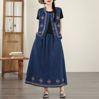 Women's Embroidered Elastic Waist Denim Jean Maxi Skirt Pocket - LAI MENG FIVE CATS