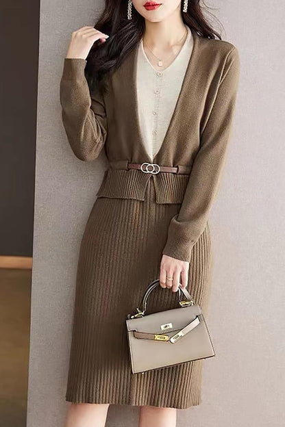 Knit Patchwork Belt Stretchy Midi Dress