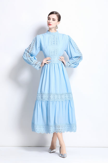 Women's Mock Neck Lantern Sleeve Lace Tiered Maxi Dress
