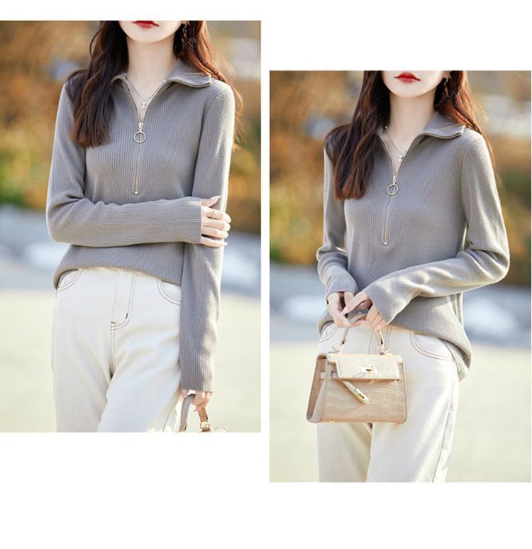 Women's Quarter Zip Pullover Sweaters Collared Knit Top
