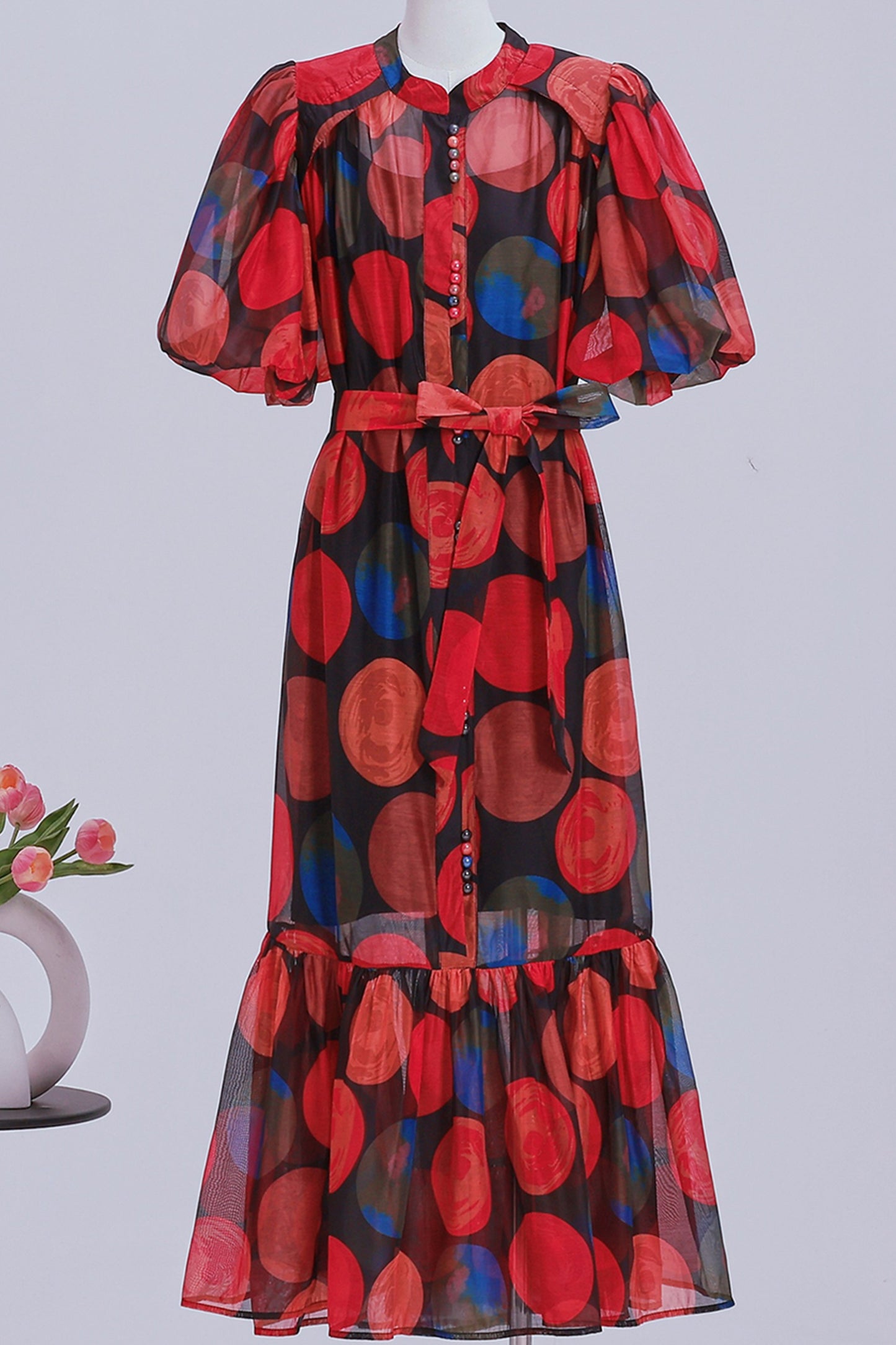 Women's Floral Print Puff Sleeve Fishtail Loose Maxi Dress