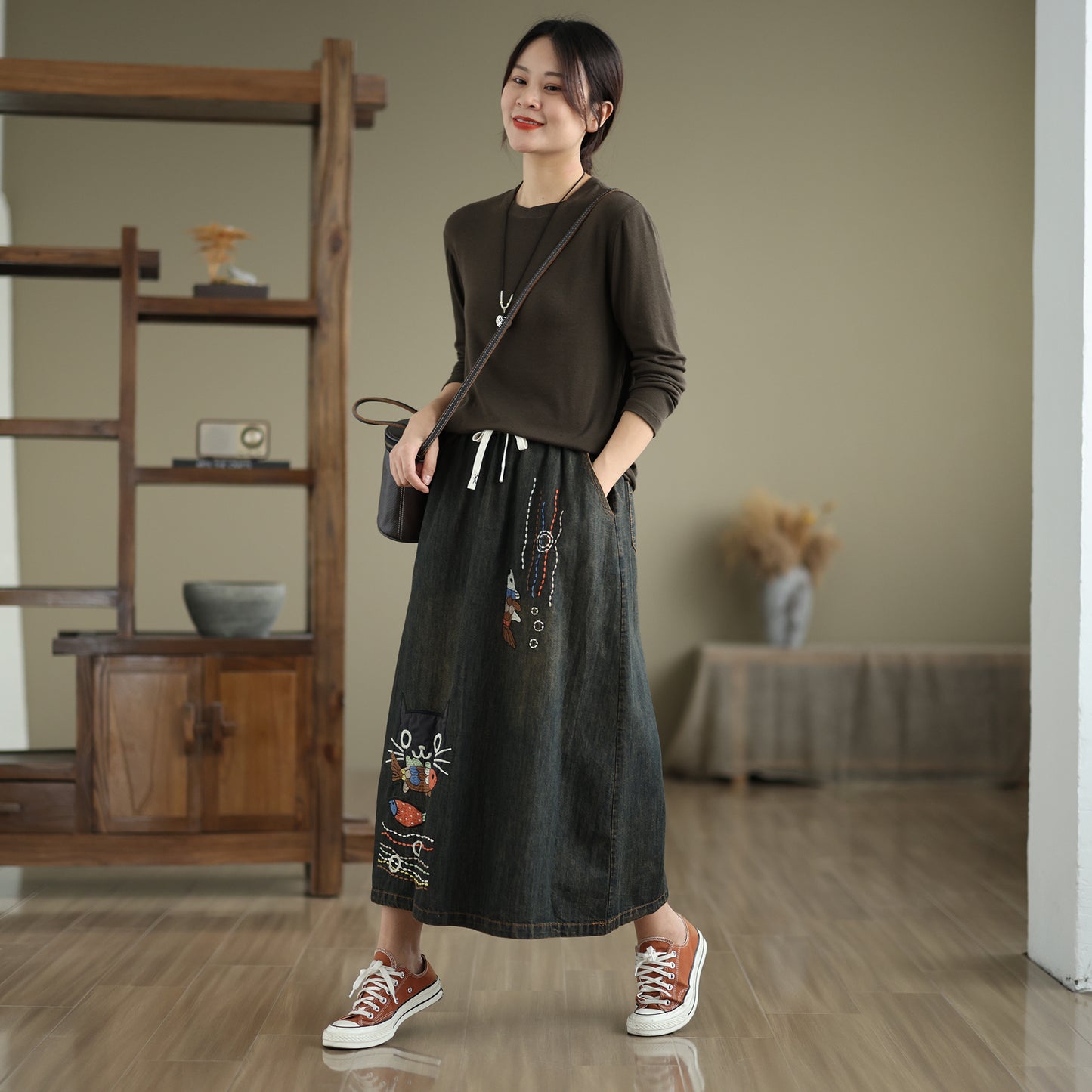 Women's Denim Drawstring Waist Pockets Jean Skirt