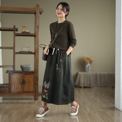 Women's Denim Drawstring Waist Pockets Jean Skirt