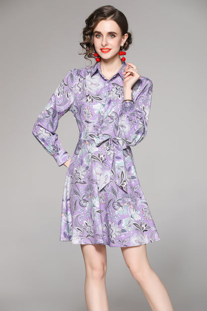 SSY-Women's Long Sleeve Lapel Collar Floral Mini Dress