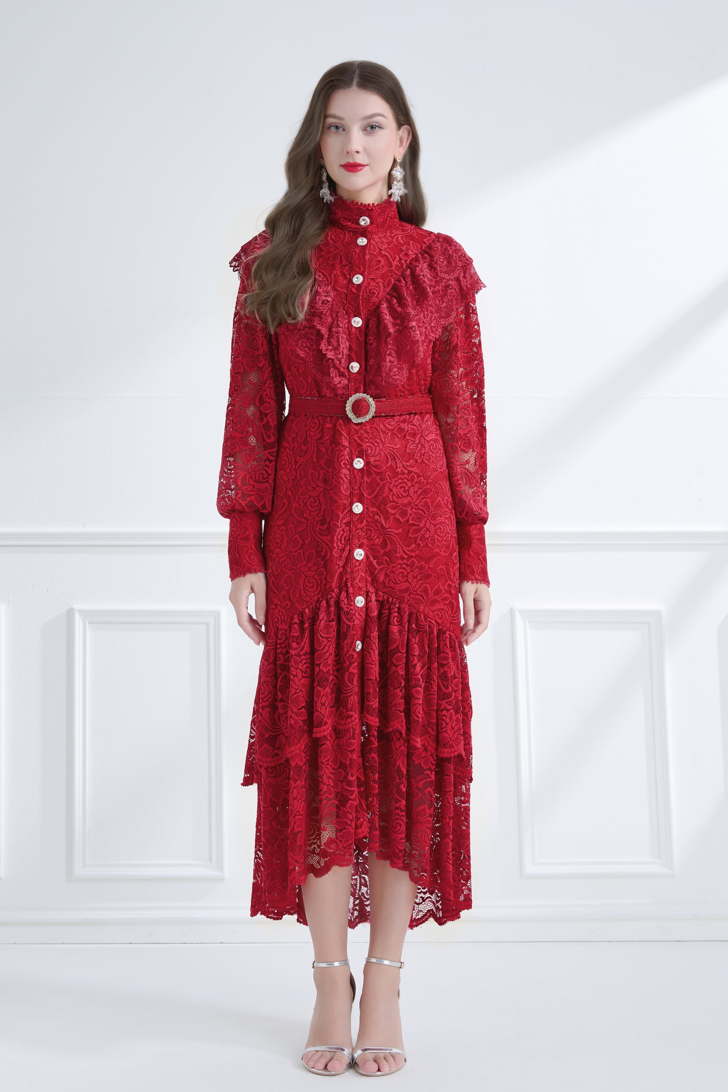 Women's Lace High Neck Ruffles Fishtail Maxi Dress