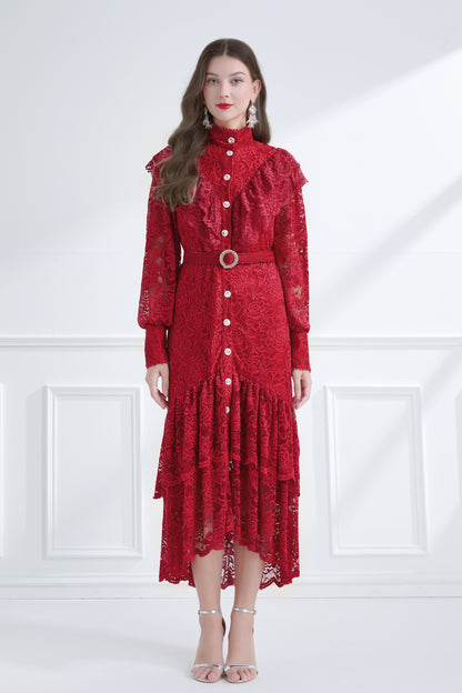 Women's Lace High Neck Ruffles Fishtail Maxi Dress