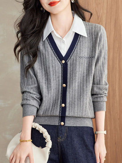 Women's Sweater 2 in 1 Lapel Ribbed Knit Pullover Top