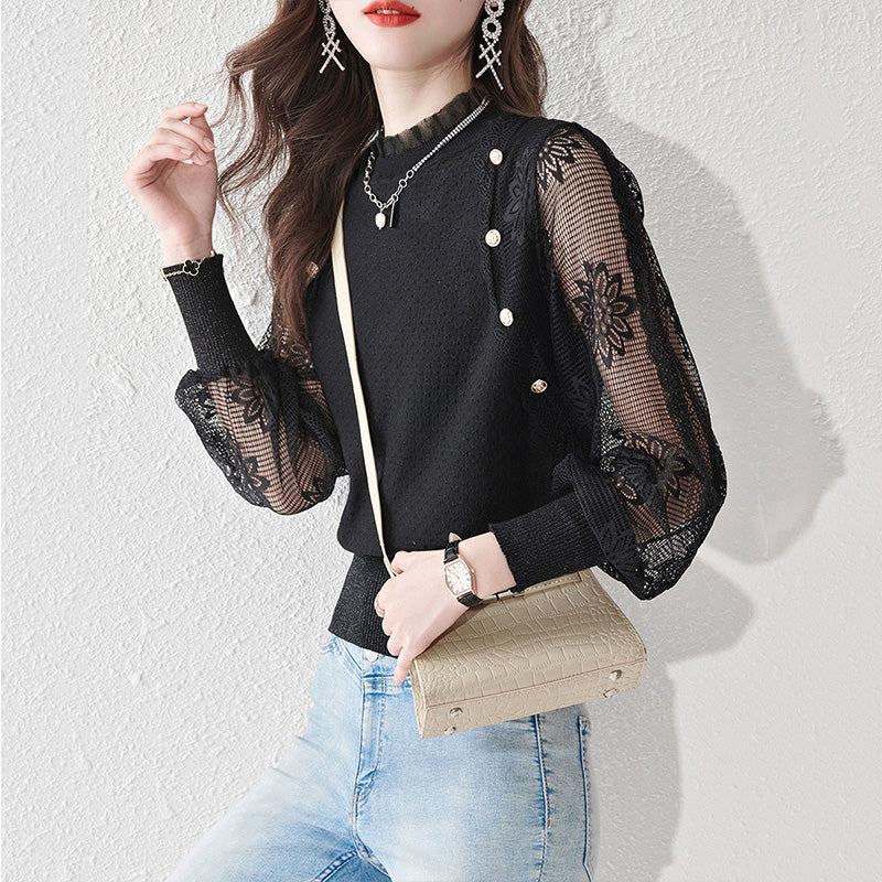 Women's Turtleneck Sweater Lantern Sleeves  Lace Tops - LAI MENG FIVE CATS