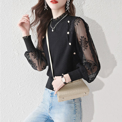 Women's Turtleneck Sweater Lantern Sleeves  Lace Tops - LAI MENG FIVE CATS