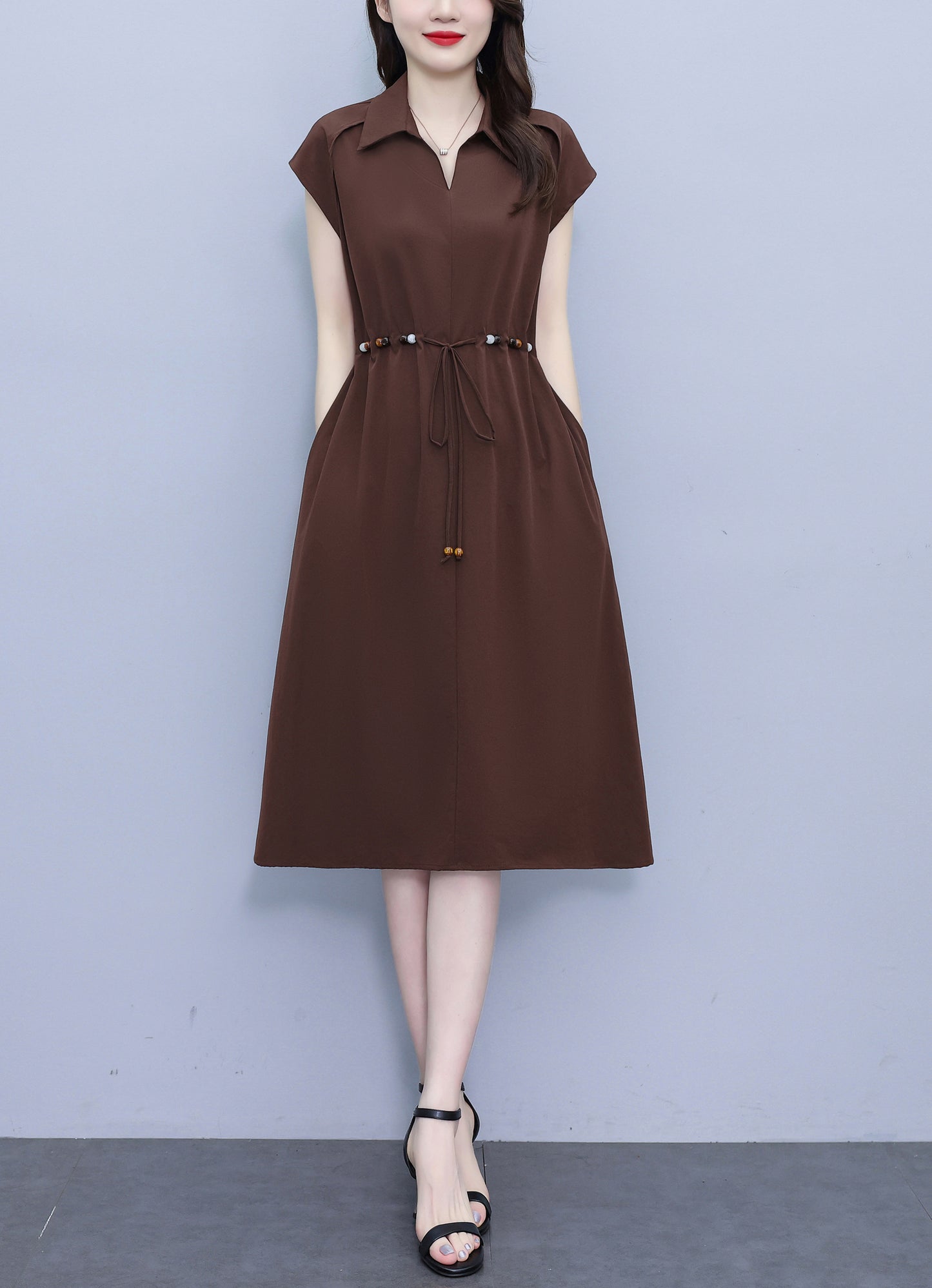 Women's V-Neck Cap Sleeve Pocket Midi Dress