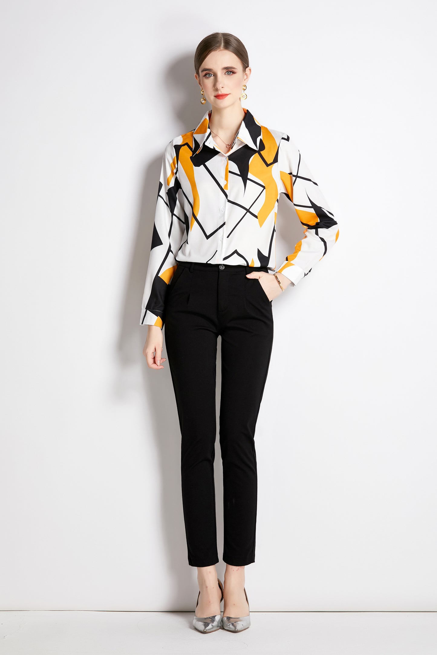 ESY-Women's Long Sleeve Lapel Collar Print Button Blouse