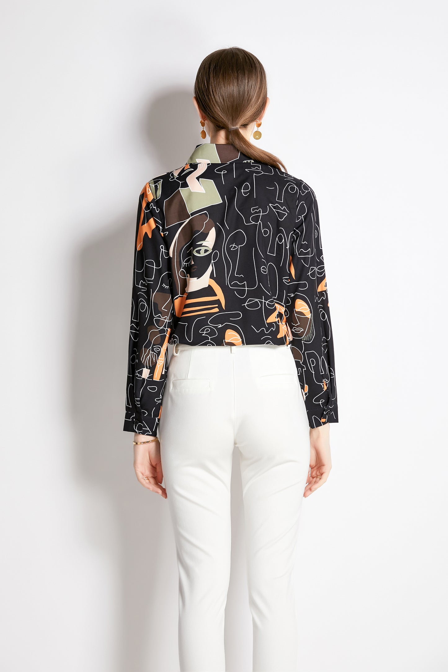 ESY-Women's Long Sleeve Lapel Collar Print Button Blouse