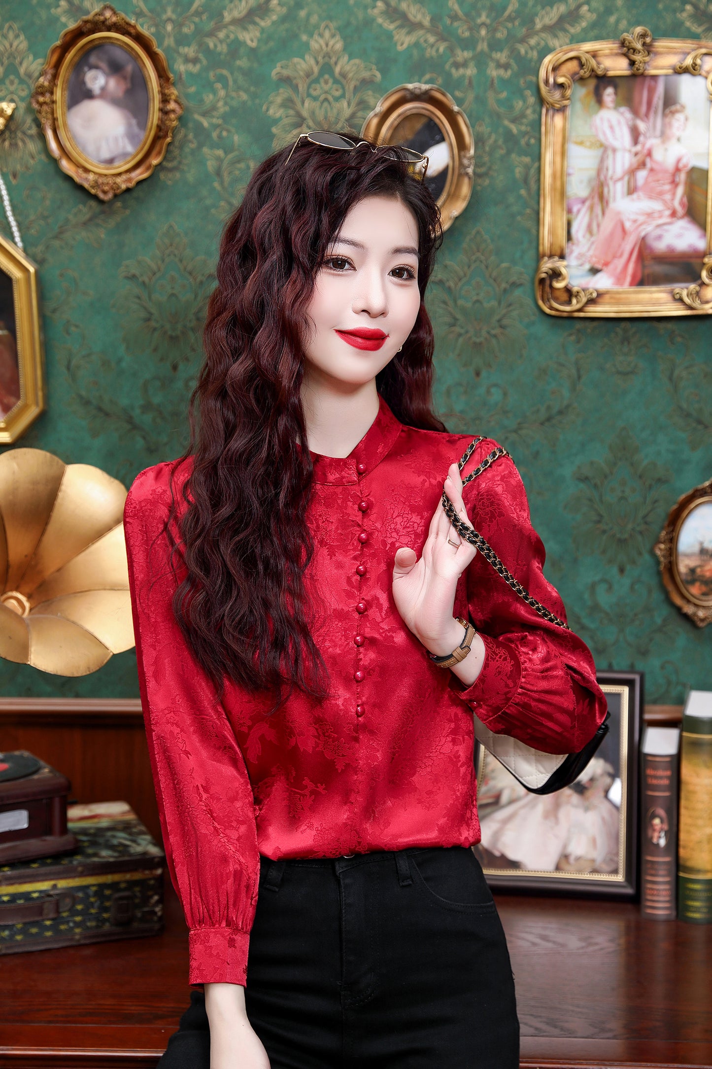 Women's Silk Satin Jacquard Long Sleeve Blouses