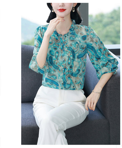 Women's Floral Print Ruffle Button Loose Blouses Top