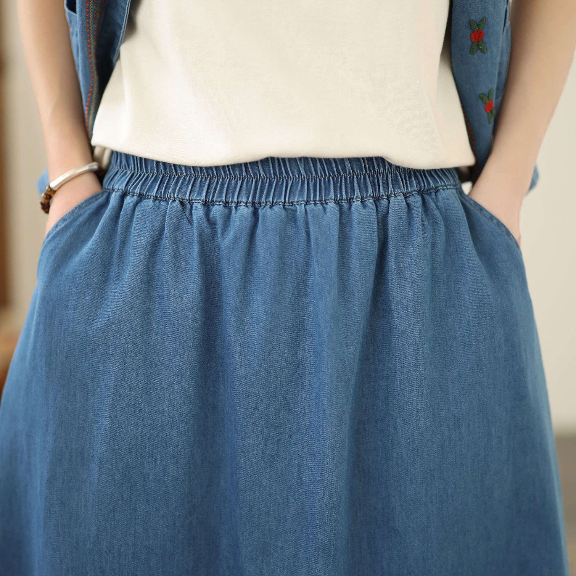 Women's Embroidered Elastic Waist Denim Jean Maxi Skirt Pocket - LAI MENG FIVE CATS