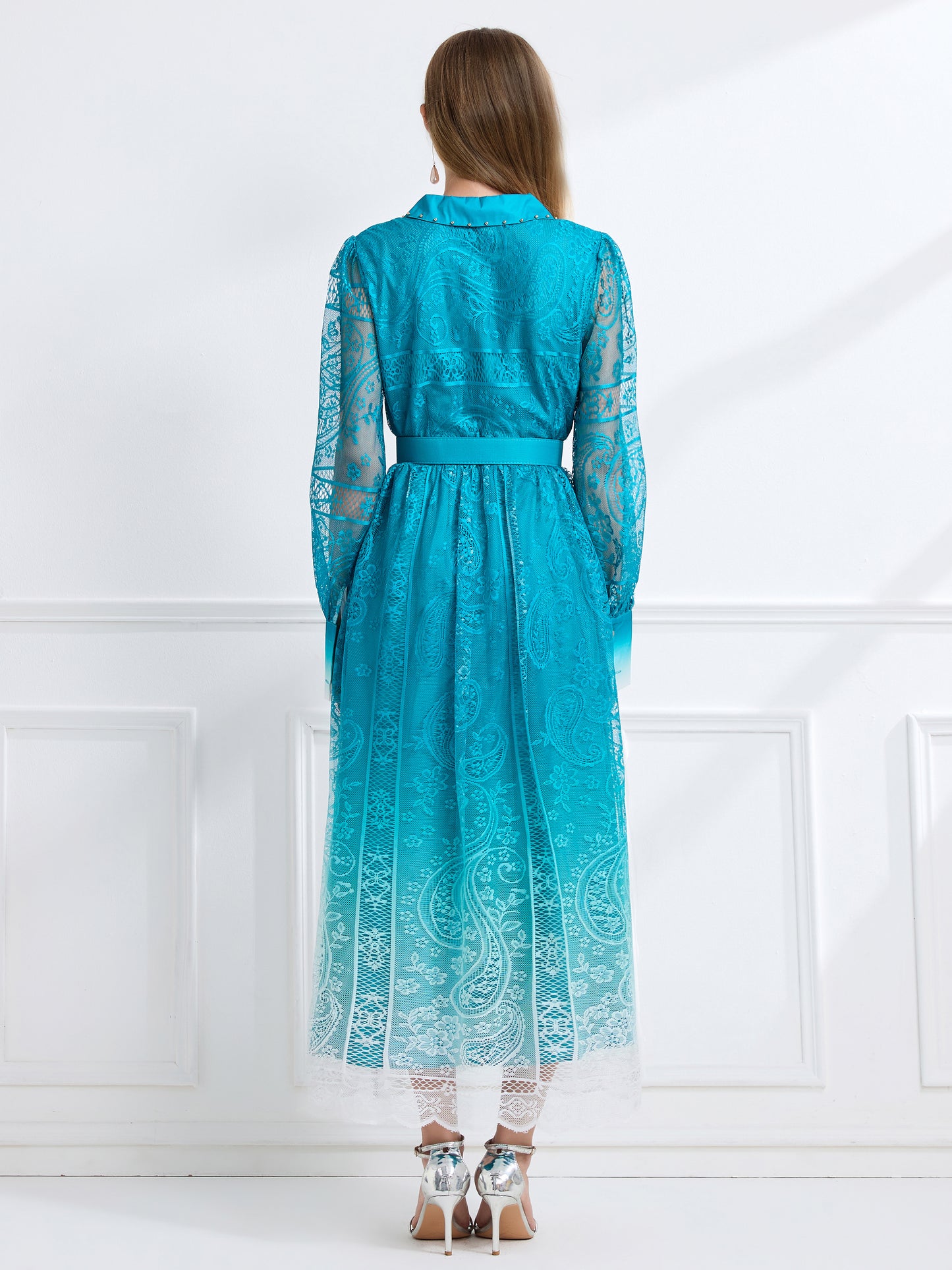 Women's V-Neck Button Lace Maxi Dress - LAI MENG FIVE CATS