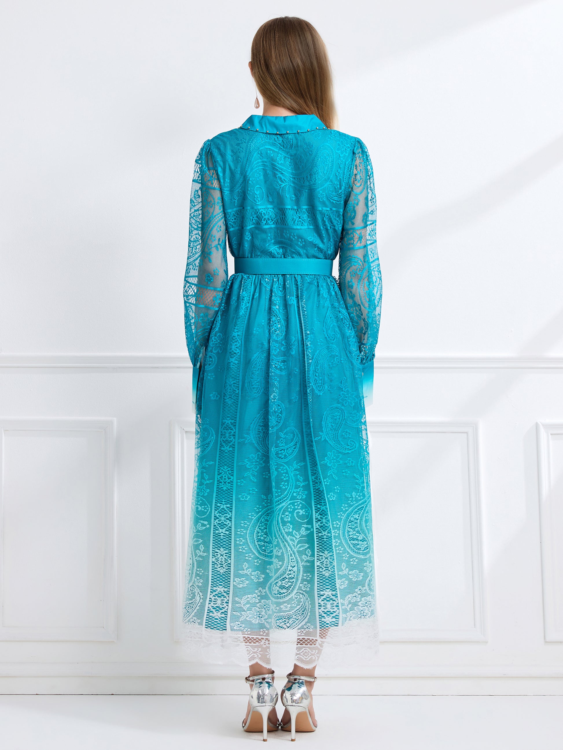 Women's V-Neck Button Lace Maxi Dress - LAI MENG FIVE CATS