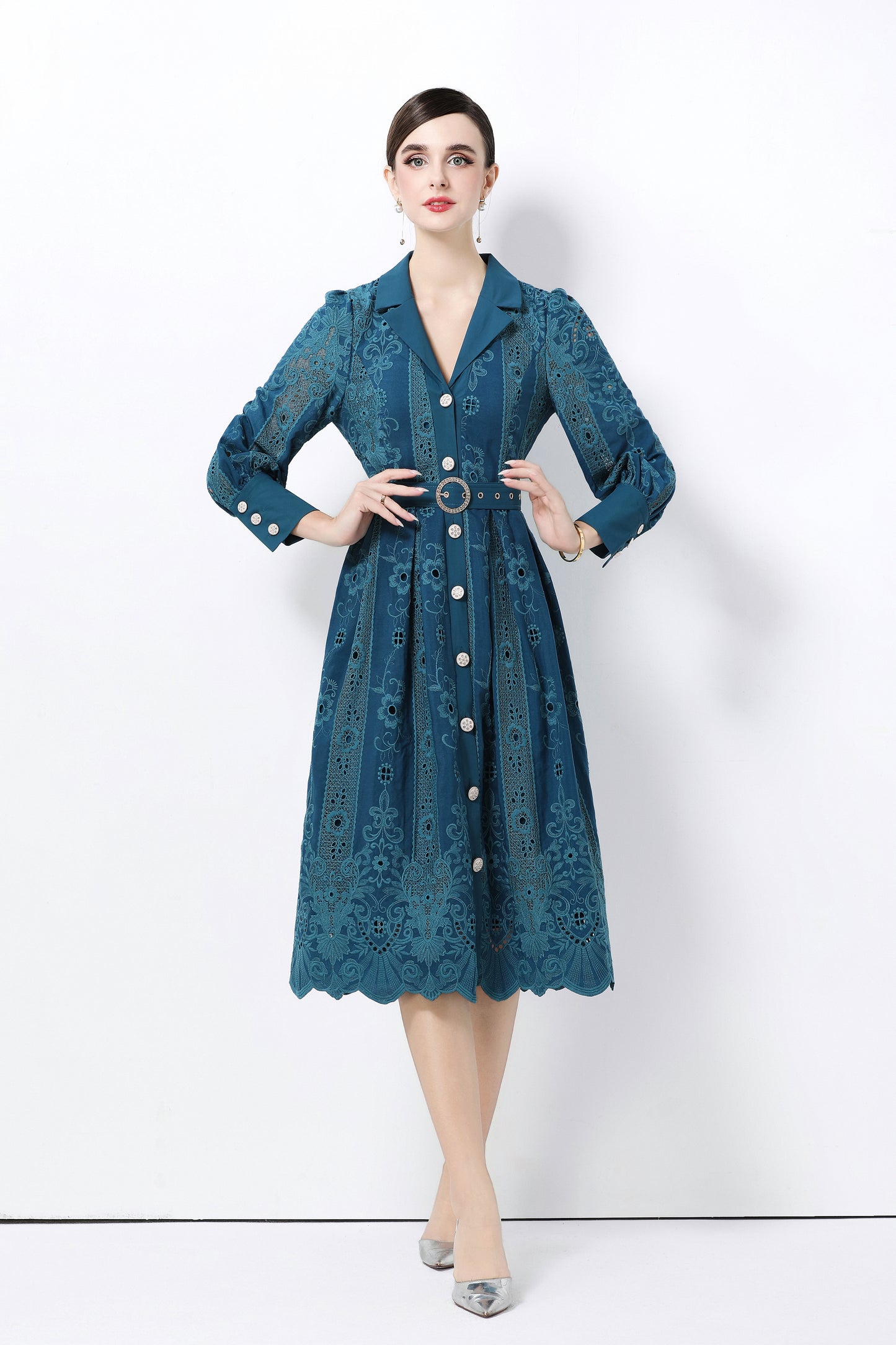 Women's Puff Sleeve Lace Hollow Out Midi Dress